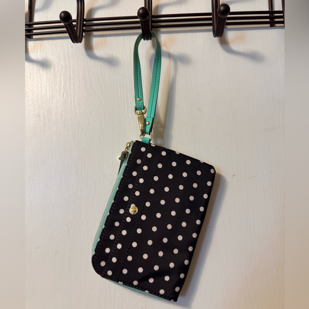 Fossil black with white dots and mint green Wristlet